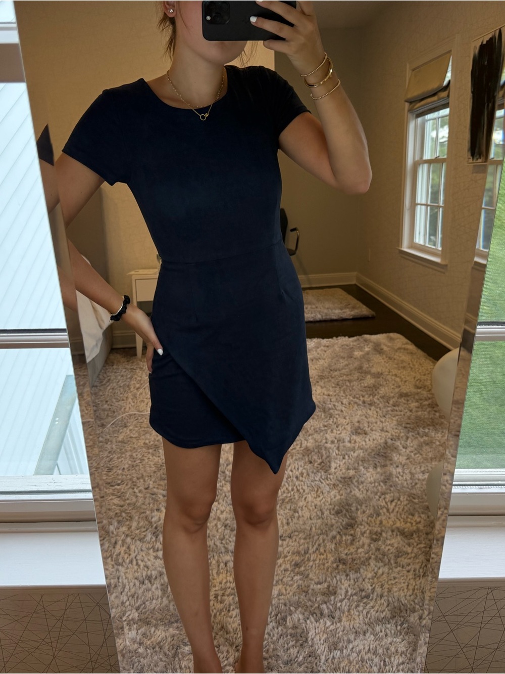 Aqua Navy Short Sleeve Mini Dress with Asymmetrical Skirt